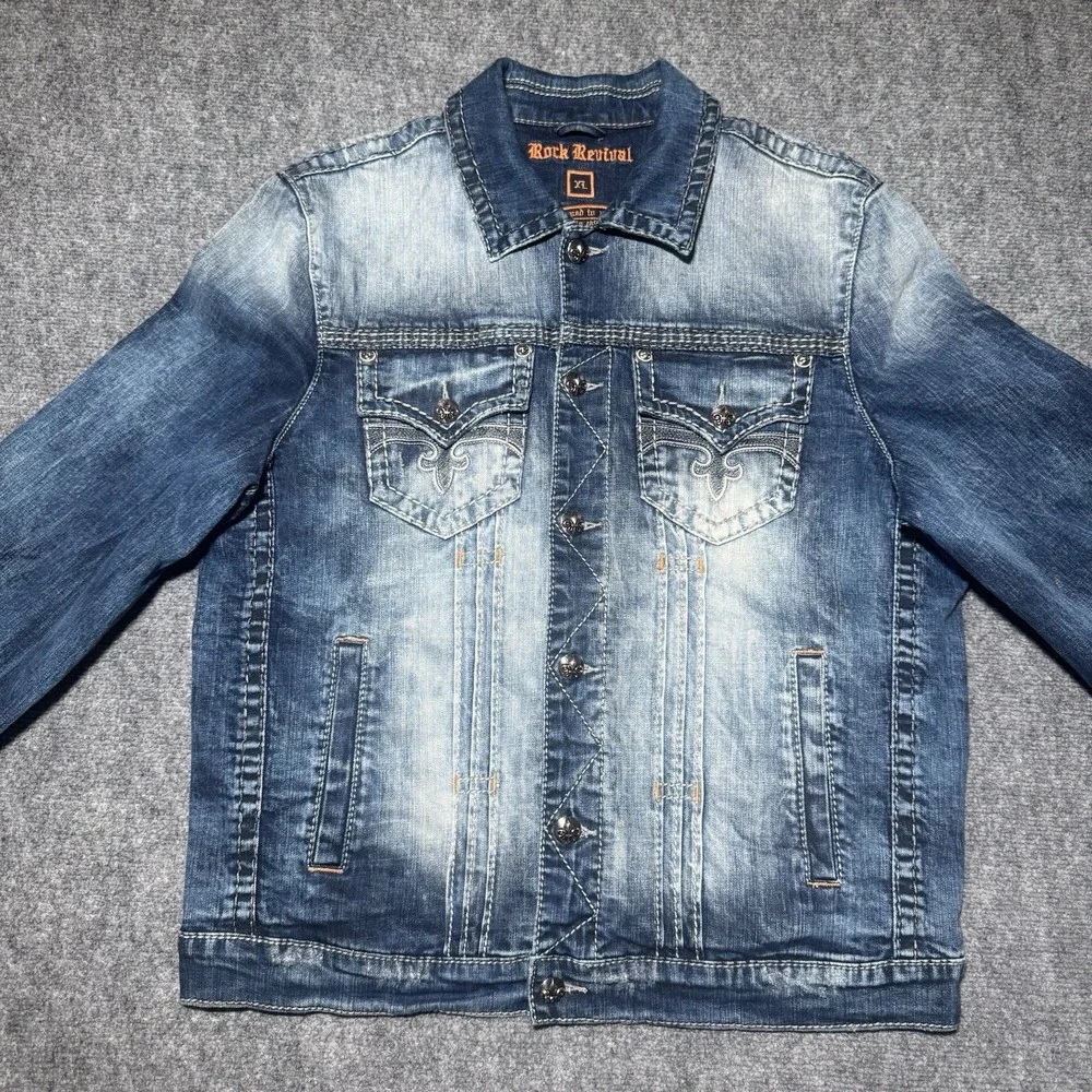 Rock Revival Men XL Jacket Blue Faded Denim Collar Grunge Y2K Biker Distressed